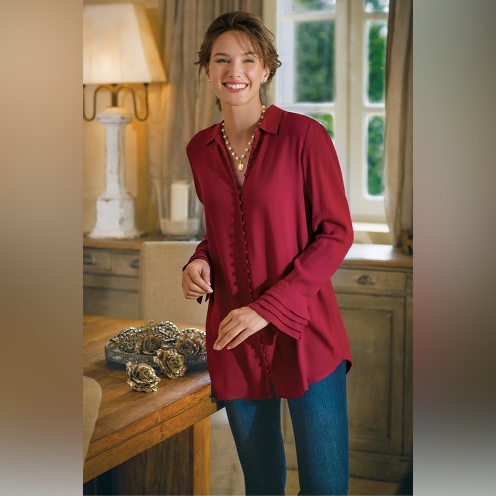 Soft Surroundings Sonnet Button Up Bell Sleeve Burgundy Red Tunic Blouse, Med